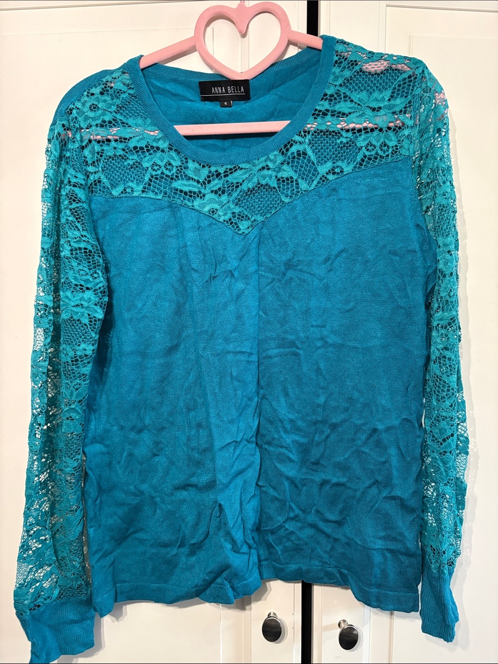 Annabella Teal Lace Yoke & Sleeve Pullover